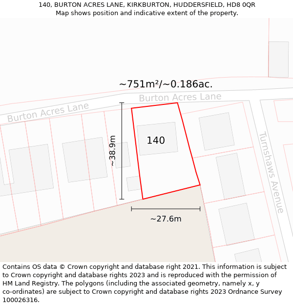 140, BURTON ACRES LANE, KIRKBURTON, HUDDERSFIELD, HD8 0QR: Plot and title map