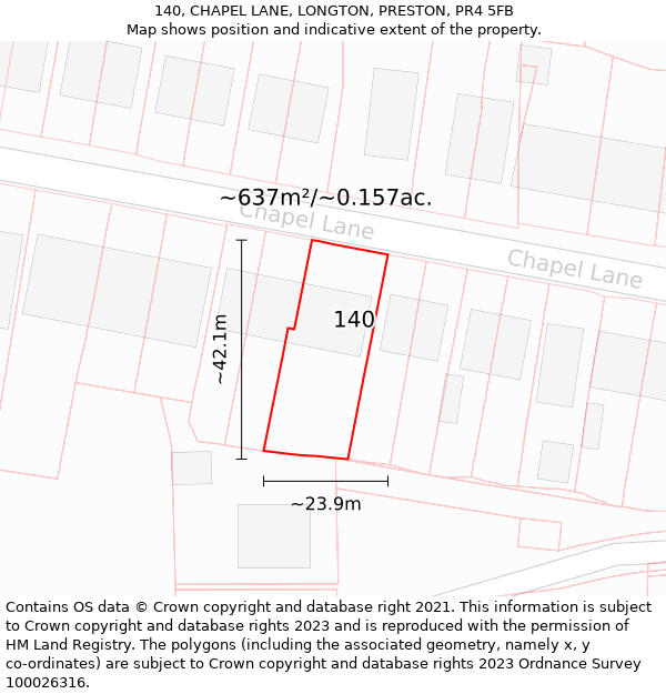 140, CHAPEL LANE, LONGTON, PRESTON, PR4 5FB: Plot and title map