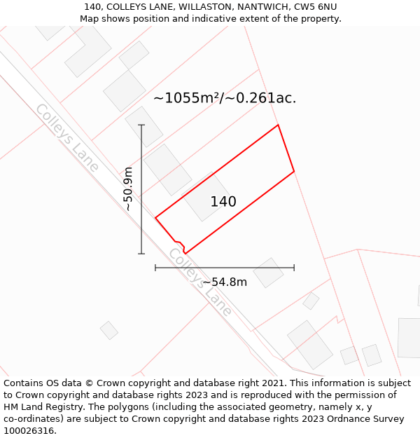 140, COLLEYS LANE, WILLASTON, NANTWICH, CW5 6NU: Plot and title map