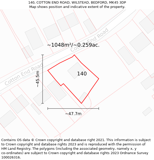 140, COTTON END ROAD, WILSTEAD, BEDFORD, MK45 3DP: Plot and title map