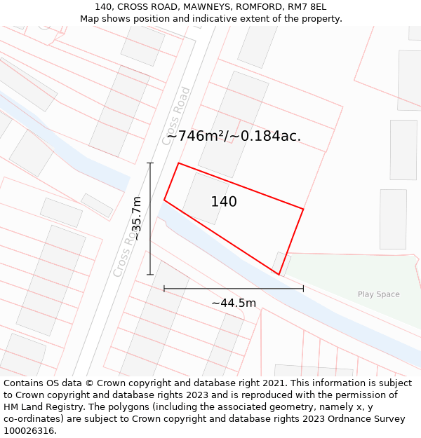 140, CROSS ROAD, MAWNEYS, ROMFORD, RM7 8EL: Plot and title map