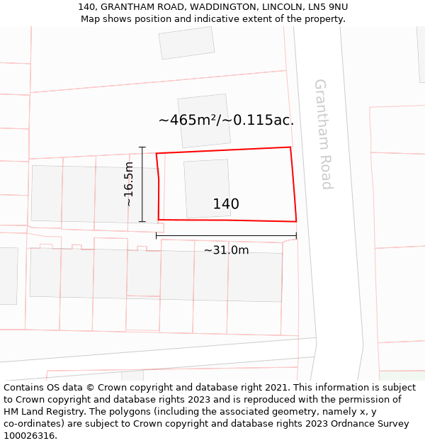 140, GRANTHAM ROAD, WADDINGTON, LINCOLN, LN5 9NU: Plot and title map