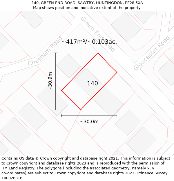 140, GREEN END ROAD, SAWTRY, HUNTINGDON, PE28 5XA: Plot and title map