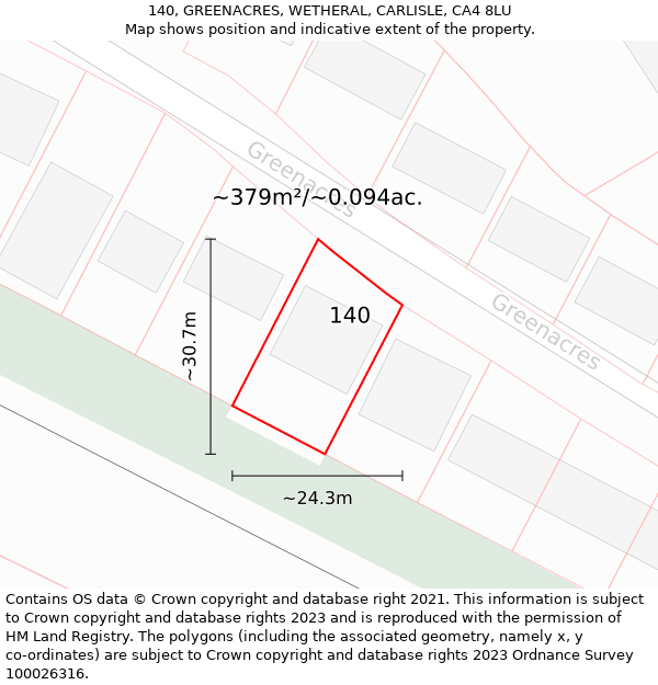 140, GREENACRES, WETHERAL, CARLISLE, CA4 8LU: Plot and title map