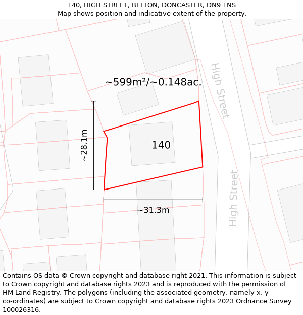 140, HIGH STREET, BELTON, DONCASTER, DN9 1NS: Plot and title map