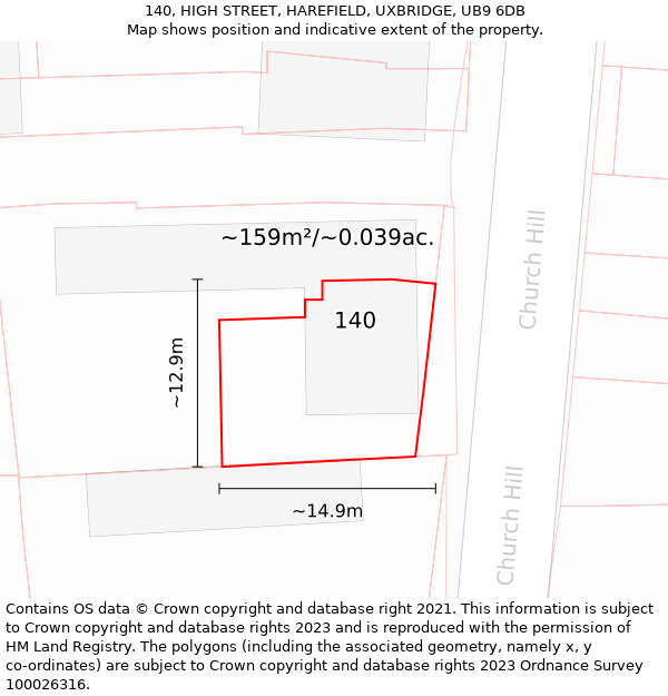 140, HIGH STREET, HAREFIELD, UXBRIDGE, UB9 6DB: Plot and title map