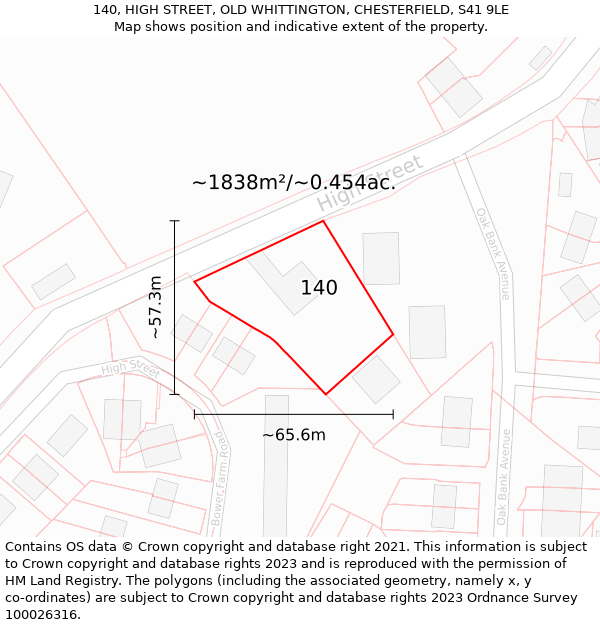 140, HIGH STREET, OLD WHITTINGTON, CHESTERFIELD, S41 9LE: Plot and title map