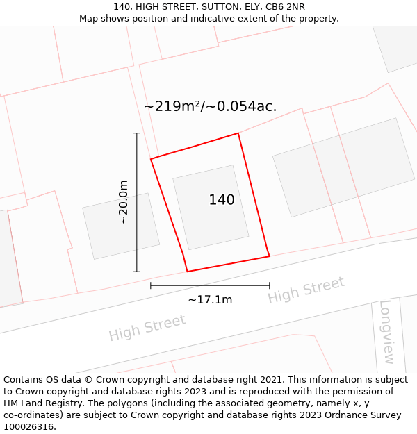 140, HIGH STREET, SUTTON, ELY, CB6 2NR: Plot and title map