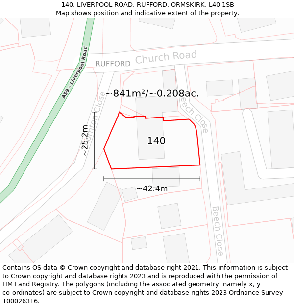 140, LIVERPOOL ROAD, RUFFORD, ORMSKIRK, L40 1SB: Plot and title map
