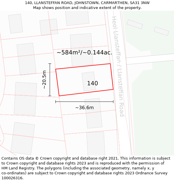 140, LLANSTEFFAN ROAD, JOHNSTOWN, CARMARTHEN, SA31 3NW: Plot and title map