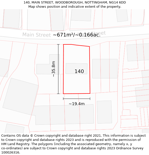 140, MAIN STREET, WOODBOROUGH, NOTTINGHAM, NG14 6DD: Plot and title map