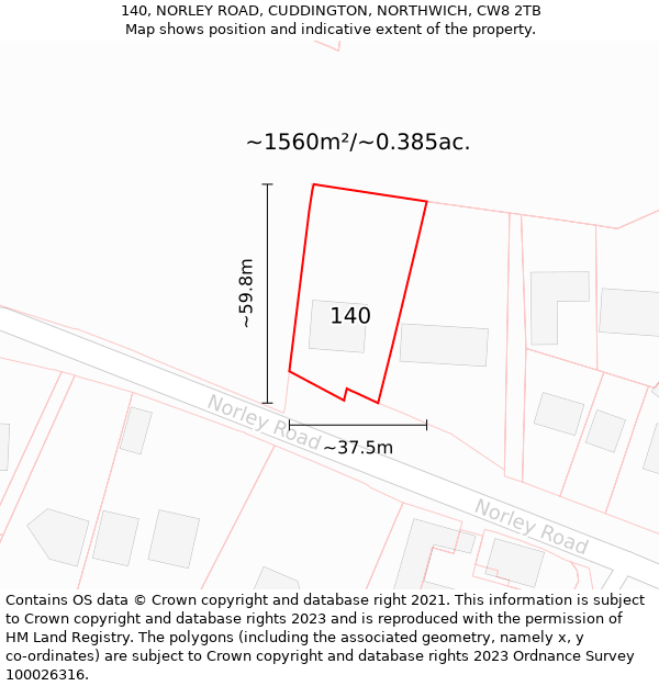 140, NORLEY ROAD, CUDDINGTON, NORTHWICH, CW8 2TB: Plot and title map