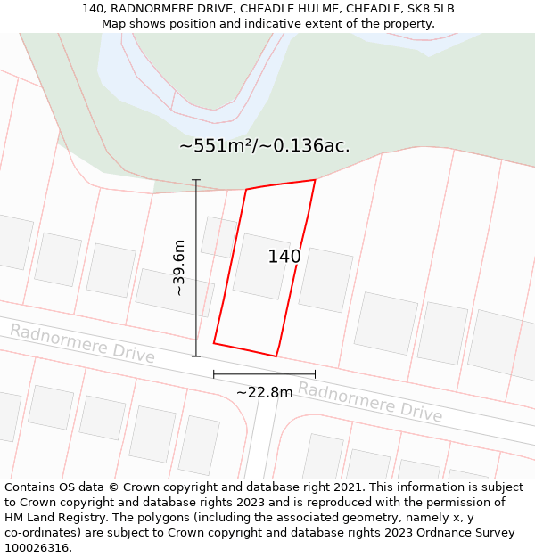 140, RADNORMERE DRIVE, CHEADLE HULME, CHEADLE, SK8 5LB: Plot and title map