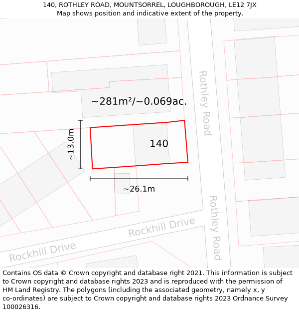 140, ROTHLEY ROAD, MOUNTSORREL, LOUGHBOROUGH, LE12 7JX: Plot and title map