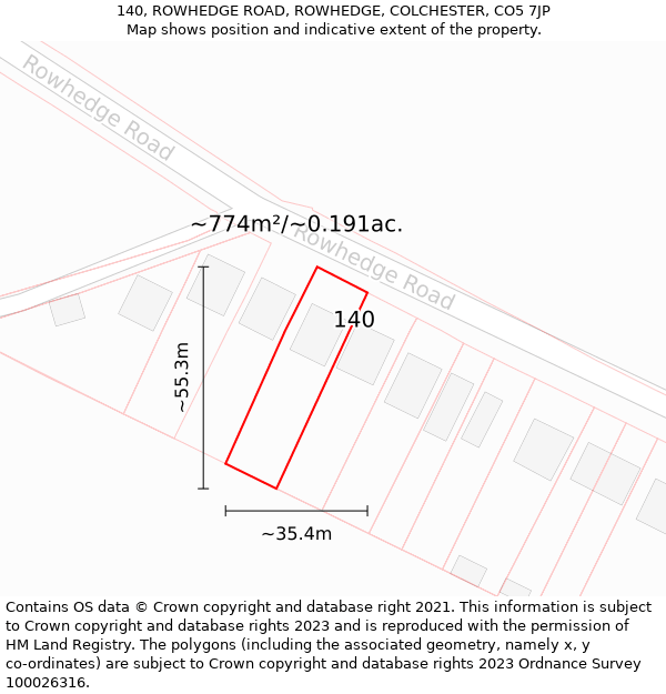 140, ROWHEDGE ROAD, ROWHEDGE, COLCHESTER, CO5 7JP: Plot and title map