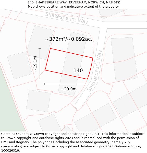 140, SHAKESPEARE WAY, TAVERHAM, NORWICH, NR8 6TZ: Plot and title map