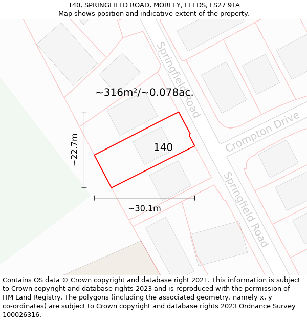 140, SPRINGFIELD ROAD, MORLEY, LEEDS, LS27 9TA: Plot and title map