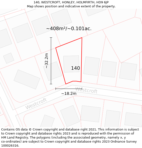 140, WESTCROFT, HONLEY, HOLMFIRTH, HD9 6JP: Plot and title map