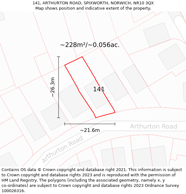 141, ARTHURTON ROAD, SPIXWORTH, NORWICH, NR10 3QX: Plot and title map