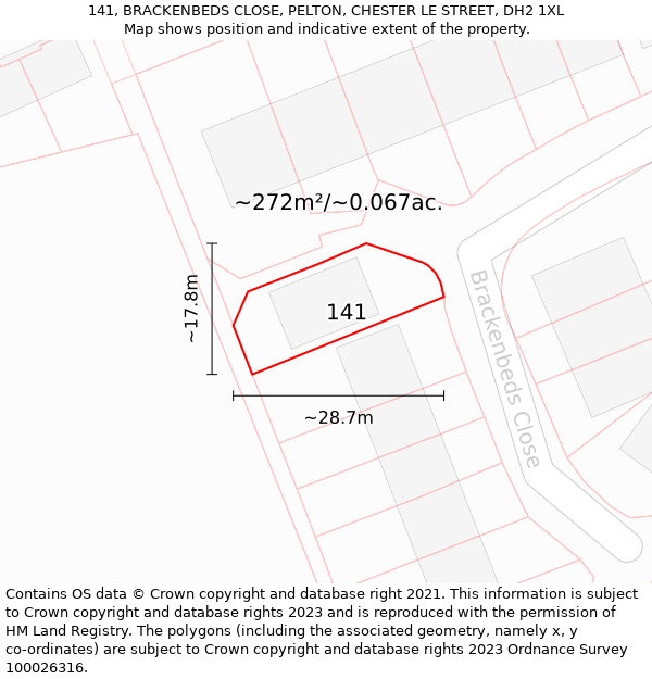 141, BRACKENBEDS CLOSE, PELTON, CHESTER LE STREET, DH2 1XL: Plot and title map