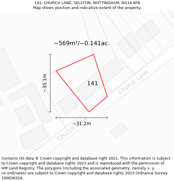 141, CHURCH LANE, SELSTON, NOTTINGHAM, NG16 6FB: Plot and title map