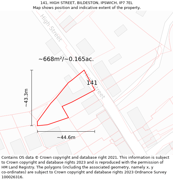 141, HIGH STREET, BILDESTON, IPSWICH, IP7 7EL: Plot and title map