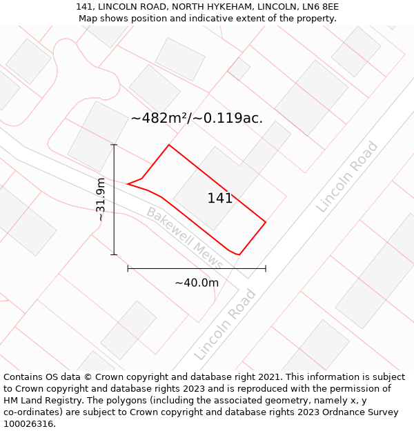 141, LINCOLN ROAD, NORTH HYKEHAM, LINCOLN, LN6 8EE: Plot and title map