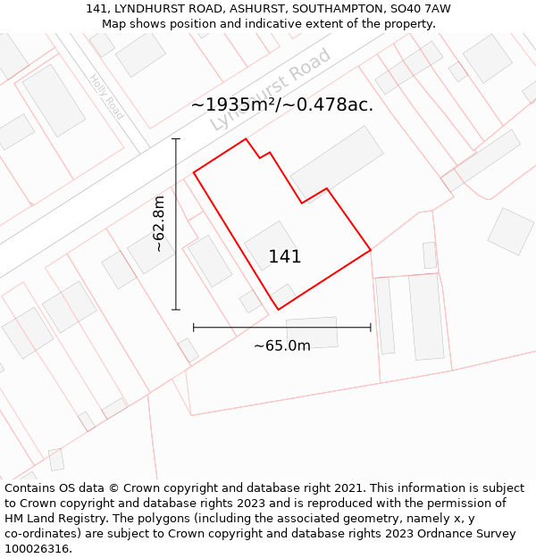 141, LYNDHURST ROAD, ASHURST, SOUTHAMPTON, SO40 7AW: Plot and title map