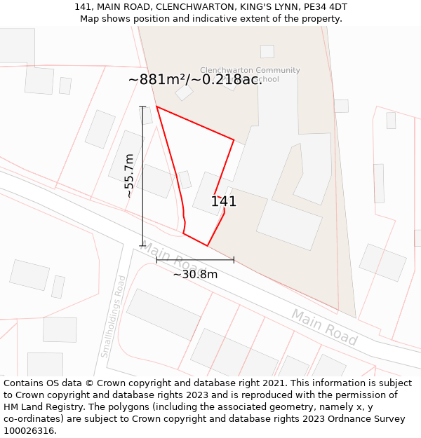 141, MAIN ROAD, CLENCHWARTON, KING'S LYNN, PE34 4DT: Plot and title map