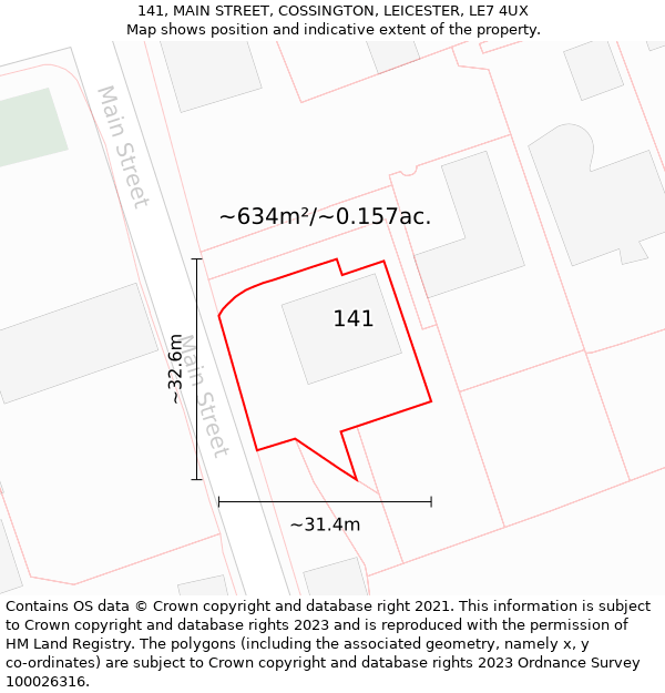 141, MAIN STREET, COSSINGTON, LEICESTER, LE7 4UX: Plot and title map