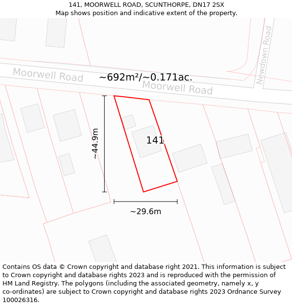 141, MOORWELL ROAD, SCUNTHORPE, DN17 2SX: Plot and title map