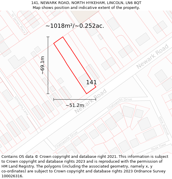 141, NEWARK ROAD, NORTH HYKEHAM, LINCOLN, LN6 8QT: Plot and title map