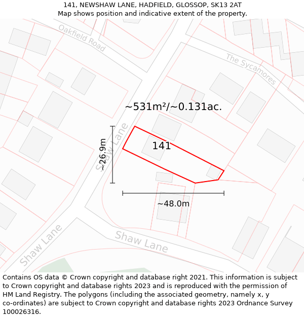 141, NEWSHAW LANE, HADFIELD, GLOSSOP, SK13 2AT: Plot and title map