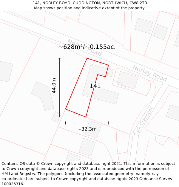 141, NORLEY ROAD, CUDDINGTON, NORTHWICH, CW8 2TB: Plot and title map