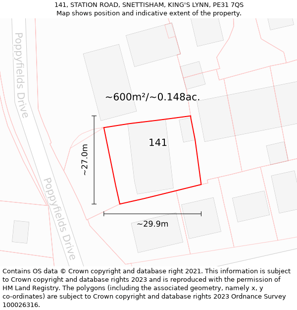 141, STATION ROAD, SNETTISHAM, KING'S LYNN, PE31 7QS: Plot and title map