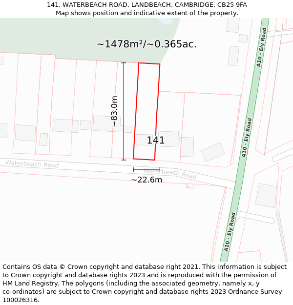 141, WATERBEACH ROAD, LANDBEACH, CAMBRIDGE, CB25 9FA: Plot and title map