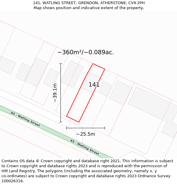 141, WATLING STREET, GRENDON, ATHERSTONE, CV9 2PH: Plot and title map