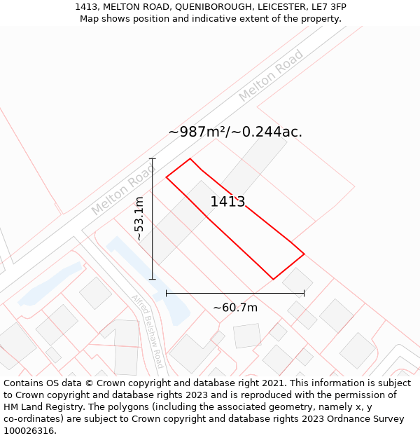 1413, MELTON ROAD, QUENIBOROUGH, LEICESTER, LE7 3FP: Plot and title map