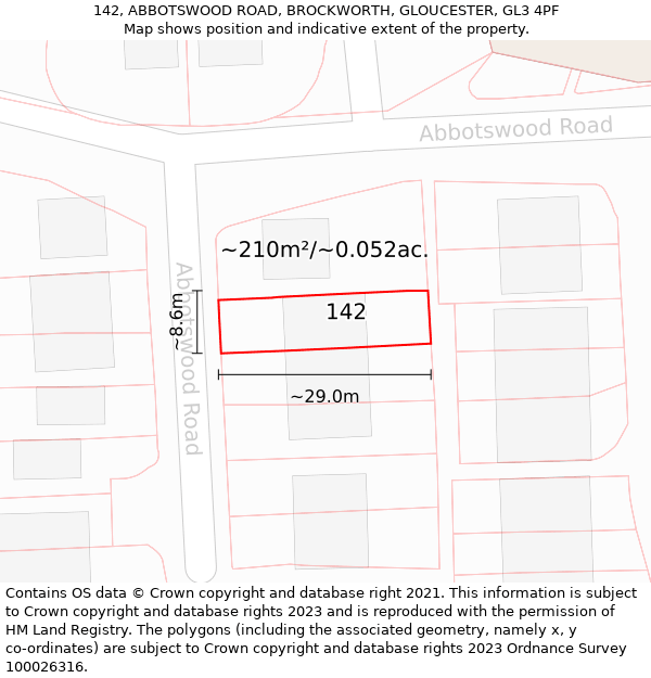 142, ABBOTSWOOD ROAD, BROCKWORTH, GLOUCESTER, GL3 4PF: Plot and title map