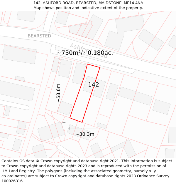 142, ASHFORD ROAD, BEARSTED, MAIDSTONE, ME14 4NA: Plot and title map