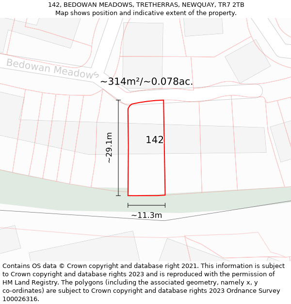 142, BEDOWAN MEADOWS, TRETHERRAS, NEWQUAY, TR7 2TB: Plot and title map