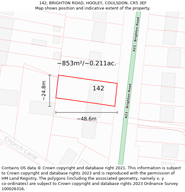 142, BRIGHTON ROAD, HOOLEY, COULSDON, CR5 3EF: Plot and title map