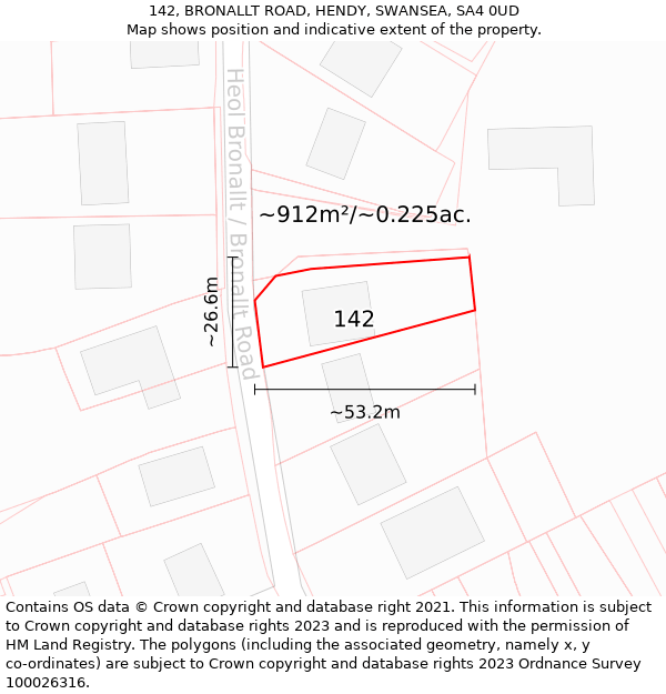 142, BRONALLT ROAD, HENDY, SWANSEA, SA4 0UD: Plot and title map