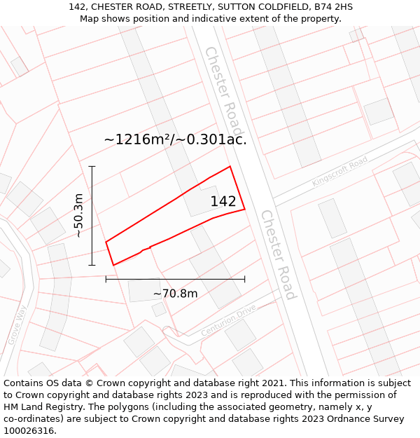 142, CHESTER ROAD, STREETLY, SUTTON COLDFIELD, B74 2HS: Plot and title map