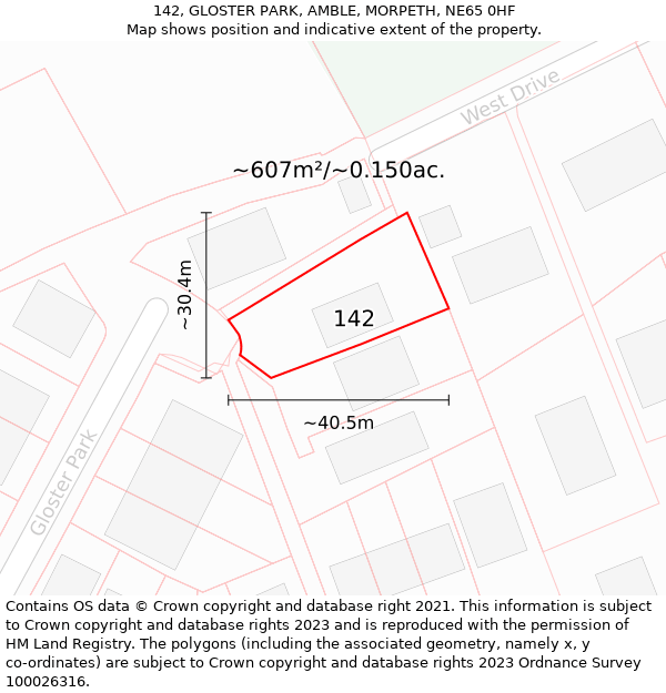 142, GLOSTER PARK, AMBLE, MORPETH, NE65 0HF: Plot and title map