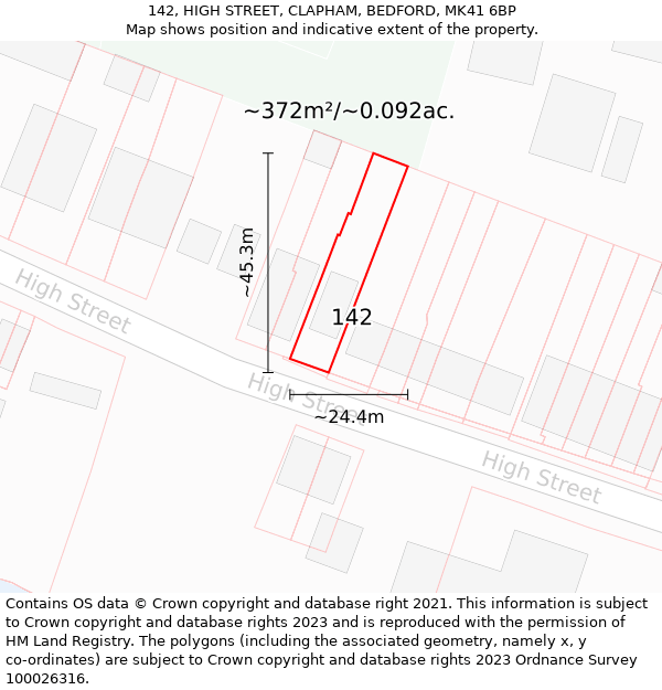 142, HIGH STREET, CLAPHAM, BEDFORD, MK41 6BP: Plot and title map