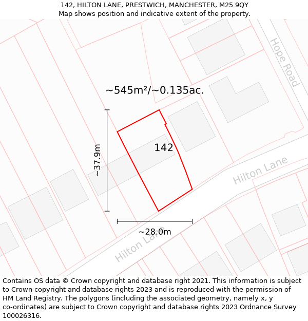 142, HILTON LANE, PRESTWICH, MANCHESTER, M25 9QY: Plot and title map