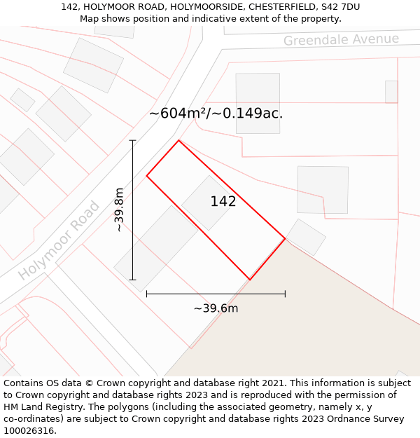 142, HOLYMOOR ROAD, HOLYMOORSIDE, CHESTERFIELD, S42 7DU: Plot and title map