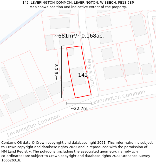 142, LEVERINGTON COMMON, LEVERINGTON, WISBECH, PE13 5BP: Plot and title map