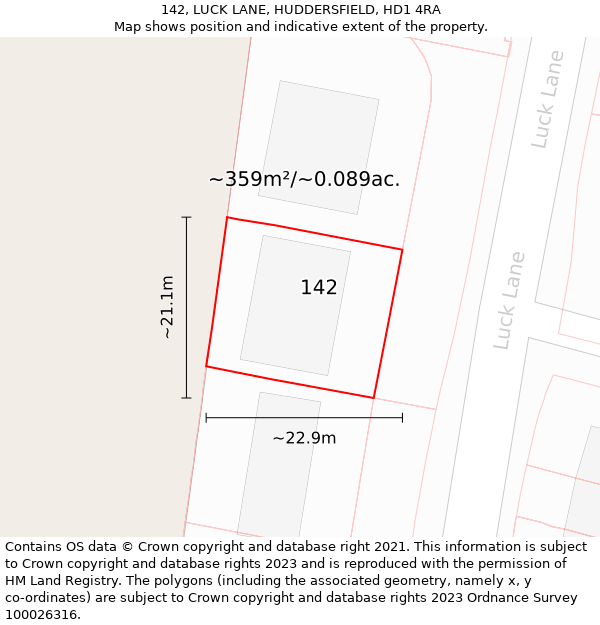 142, LUCK LANE, HUDDERSFIELD, HD1 4RA: Plot and title map